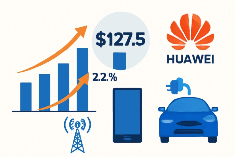 Huawei receita 2025 sobe para US$ 127,5 bilhões, alta de 2,2% e desaceleração após salto de 22,4%, com redes, dispositivos e explosão no automotivo