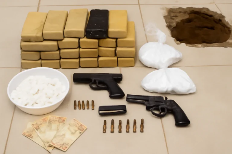 Apreensão de drogas em Satuba: PM encontra 22,4 kg de maconha e 4,4 kg de cocaína enterradas no banheiro, prende dois suspeitos e recolhe armas e munições