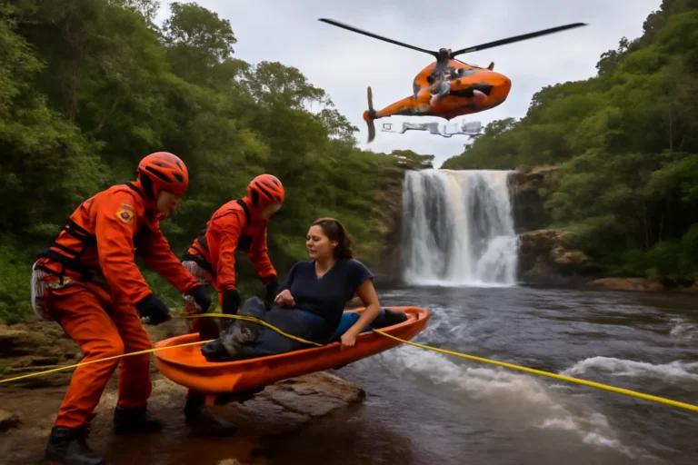 Resgate em cachoeira Brumadinho: mulher cai cerca de 10 metros na Cachoeira do Jangada, é imobilizada, atravessada por rio e evacuada de helicóptero para hospital