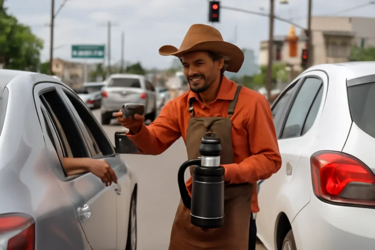 Vendedor vende café fiado no trânsito em Araguaína, aposta na confiança, aceita pagamento por Pix depois, vestido de ‘Cowboy do Café’, negócio cresce