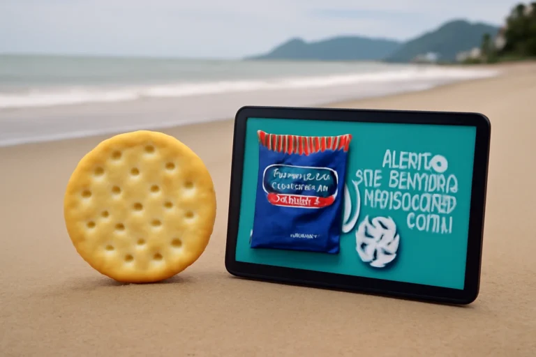 Biscoito das Filipinas intacto em praia de SP, monitor prova pacote SkyFlakes e usa achado para alertar sobre lixo marinho e educação ambiental